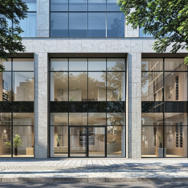 Strefa wejścia z fasadą Schüco AF LDC 50 i drzwiami AD UP Fot.: Schüco